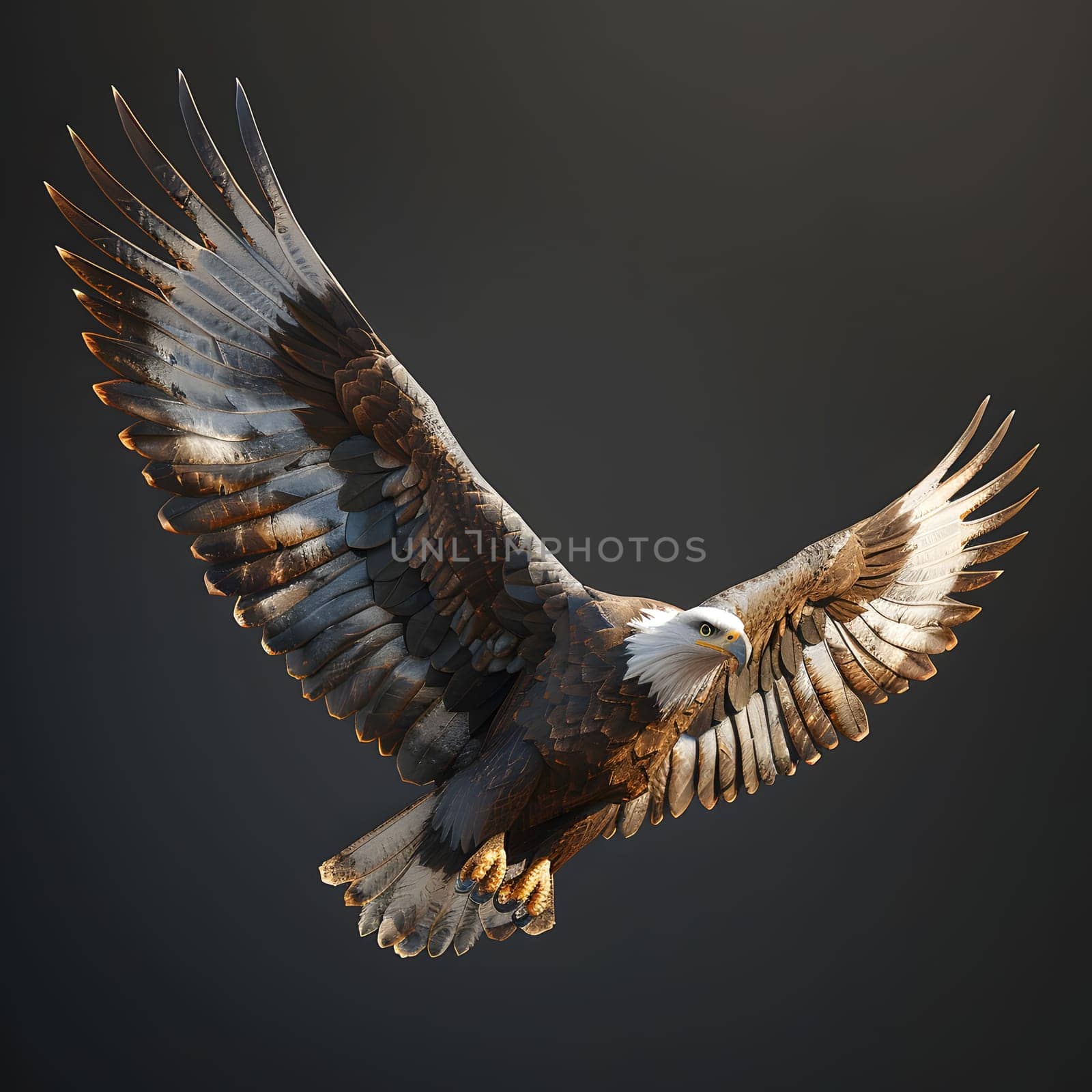 A Bird of prey from the Accipitridae family, the bald eagle is soaring through the darkness with its wings outstretched, showcasing its impressive Falconiformes features