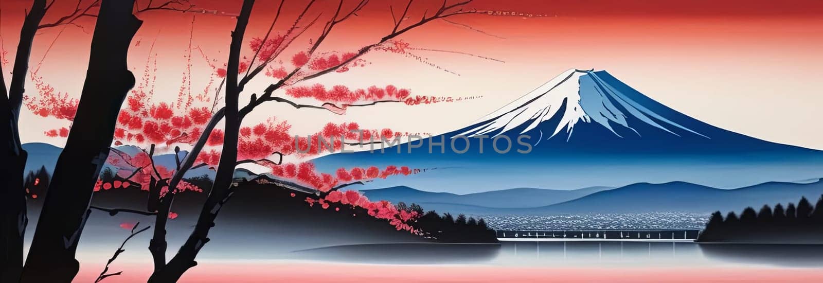 Cherry tree in full bloom with majestic Mount Fuji in background, capturing essence of traditional Japanese beauty, tranquility. For interior, commercial spaces to create stylish atmosphere, print