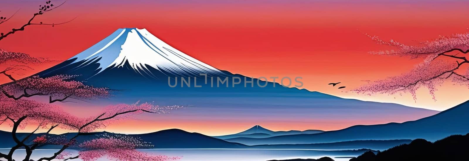 Mount Fuji range with red tree in foreground. For meditation apps, on covers of books about spiritual growth, in designs for yoga studios, spa salons, illustration for articles on inner peace, print