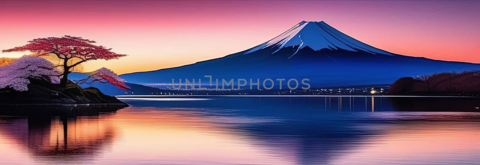 Mount Fuji range with red tree in foreground. For meditation apps, on covers of books about spiritual growth, in designs for yoga studios, spa salons, illustration for articles on inner peace, print