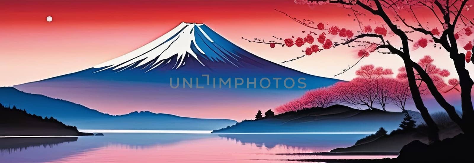 Mount Fuji range with red tree in foreground. For meditation apps, on covers of books about spiritual growth, in designs for yoga studios, spa salons, illustration for articles on inner peace, print