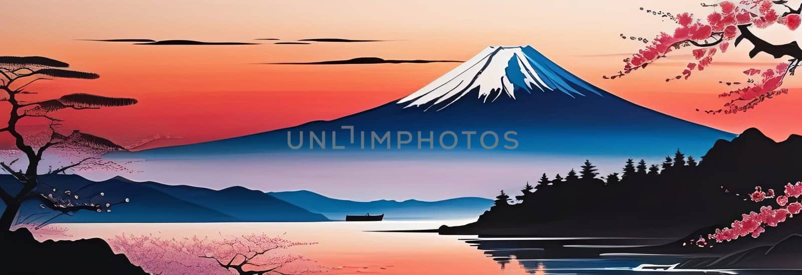 Cherry tree in full bloom with majestic Mount Fuji in background, capturing essence of traditional Japanese beauty, tranquility. For interior, commercial spaces to create stylish atmosphere, print