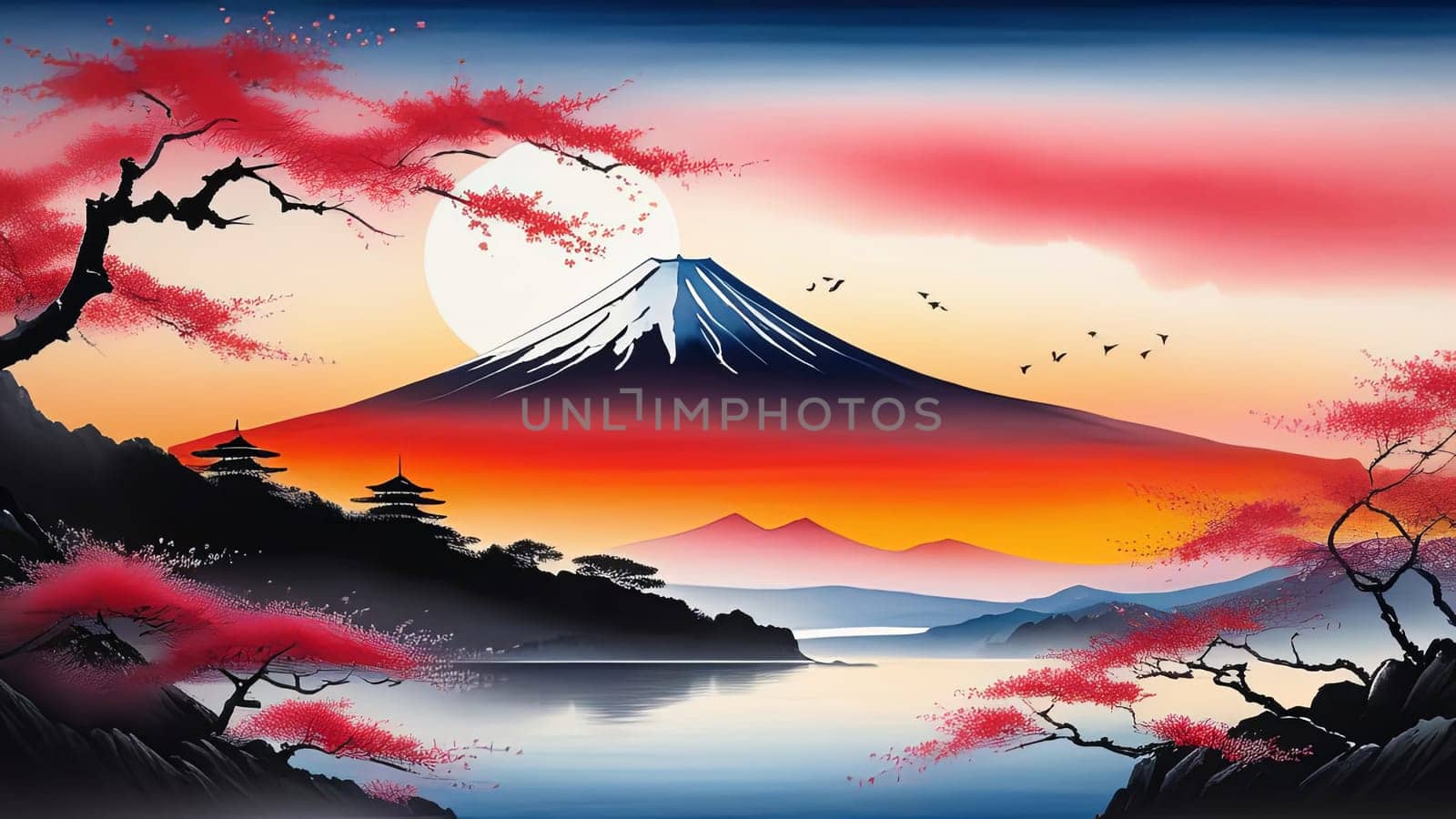 Cherry tree in full bloom with majestic Mount Fuji in background, capturing essence of traditional Japanese beauty, tranquility. For interior, commercial spaces to create stylish atmosphere, print