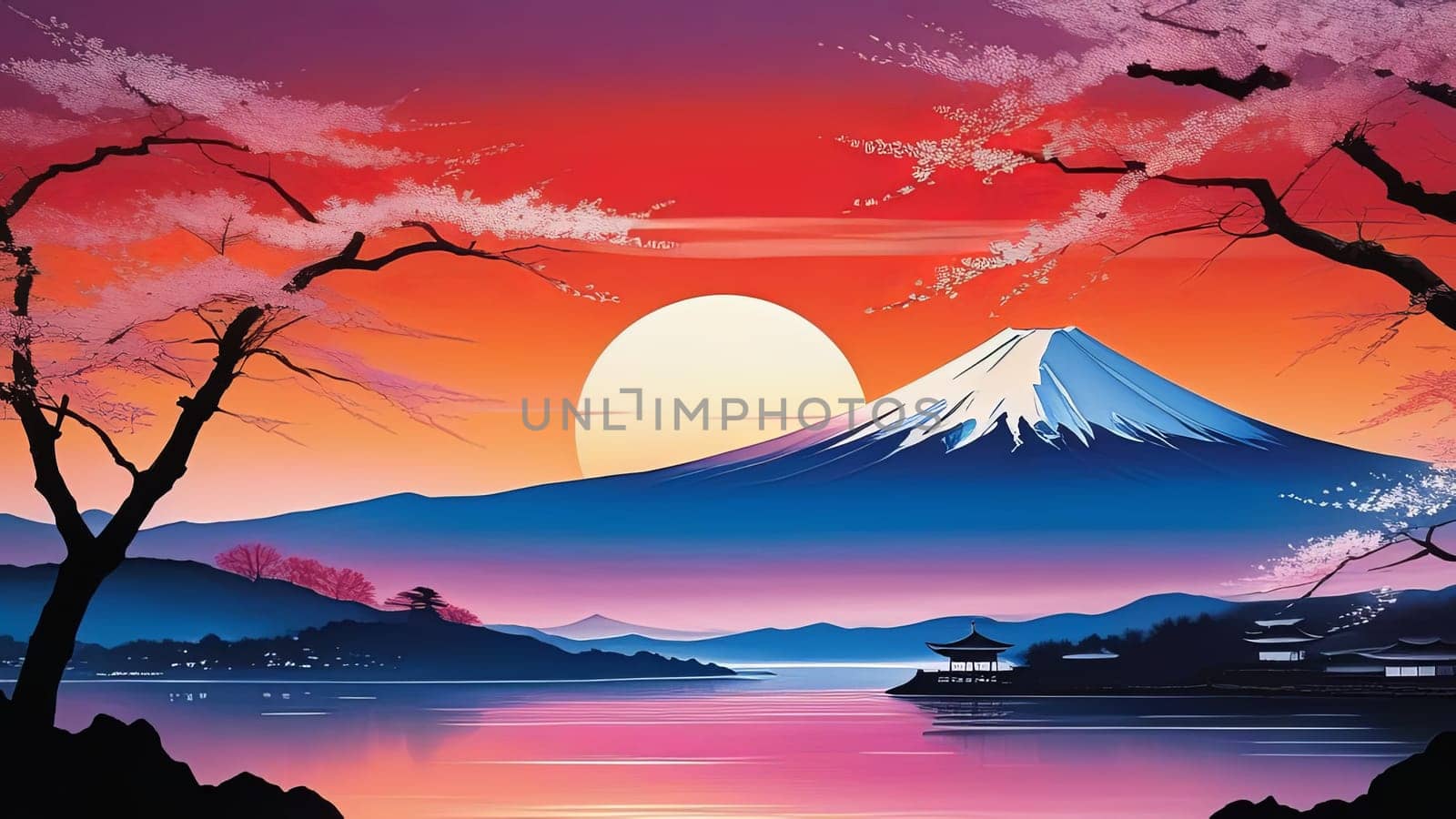 Painting of japanese Mount Fuji at sunset. For meditation apps, on covers of books about spiritual growth, in designs for yoga studios, spa salons, illustration for articles on inner peace, banner