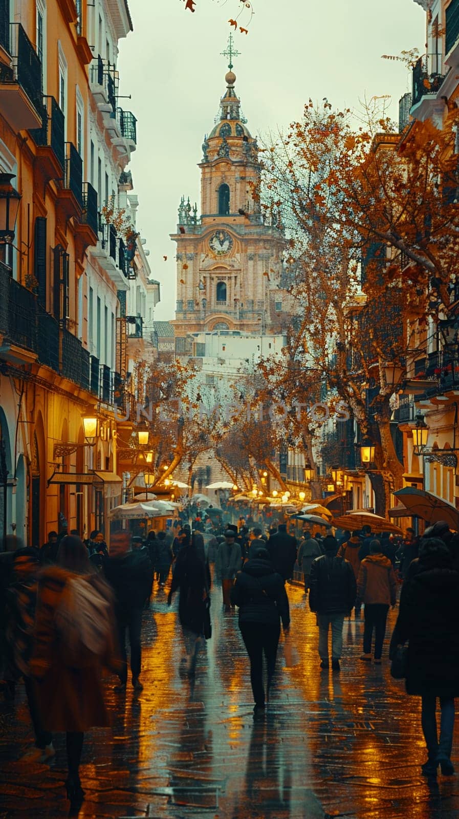 Cobbled Streets of a Historic City Center with Tourists Exploring, The blur of foot traffic against old buildings suggests the ongoing dance of history and modernity.