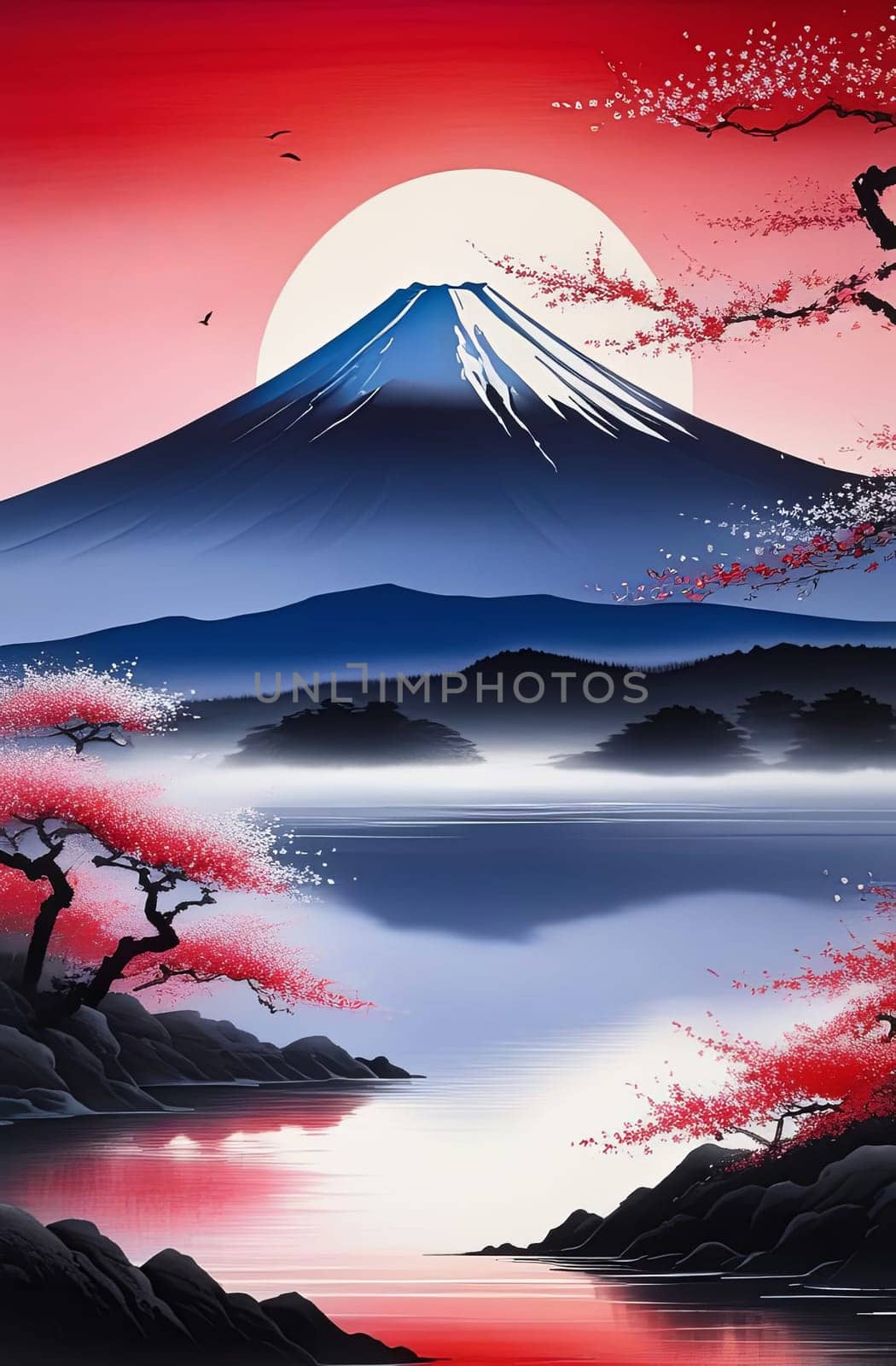 Painting of japanese Mount Fuji at sunset. For meditation apps, on covers of books about spiritual growth, in designs for yoga studios, spa salons, illustration for articles on inner peace, banner