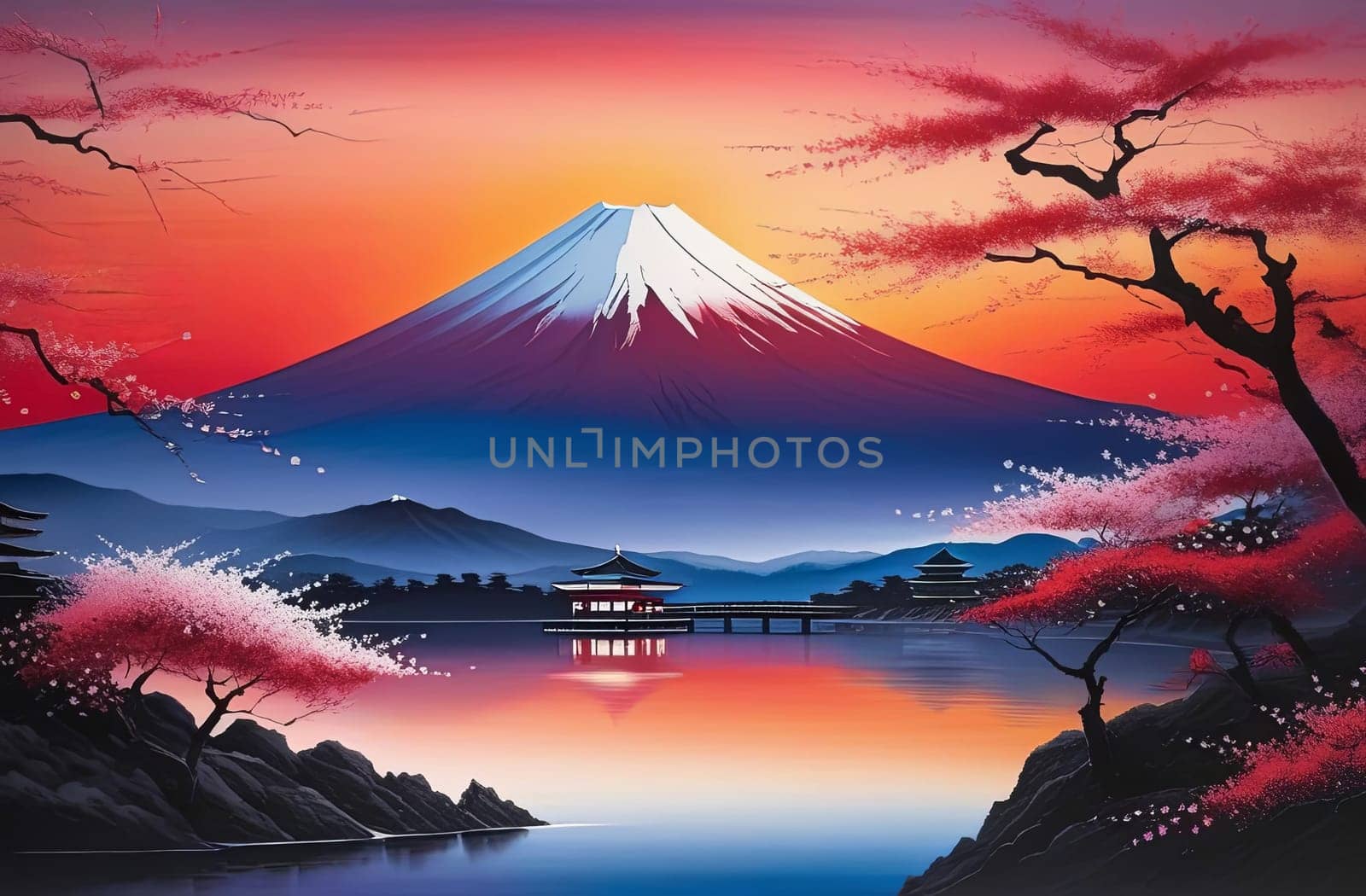 Majestic Mount Fuji, Japans iconic peak, bathed in warm hues of breathtaking sunset. Tranquil beauty of scene is accentuated by blending colors of sky. For art, creative projects, fashion, magazines