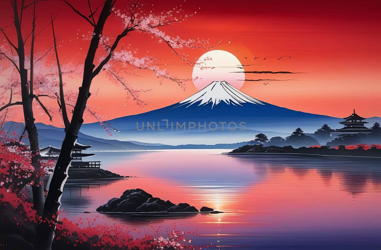 Majestic Mount Fuji, Japans iconic peak, bathed in warm hues of breathtaking sunset. Tranquil beauty of scene is accentuated by blending colors of sky. For art, creative projects, fashion, magazines