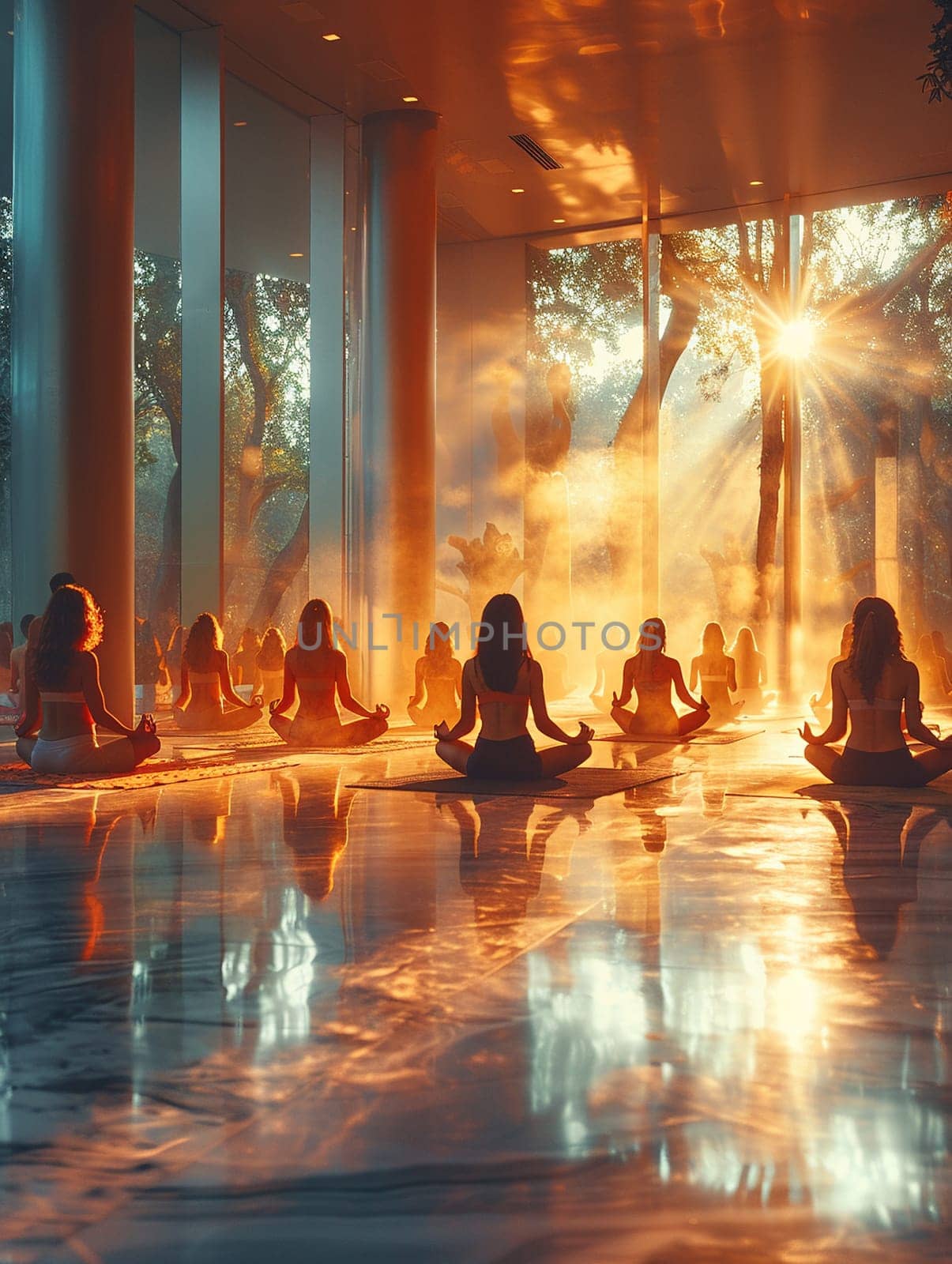 Serene Yoga Class in Session at a Sunlit Wellness Center, The tranquil blur of figures in poses against the morning light emphasizes balance and harmony.