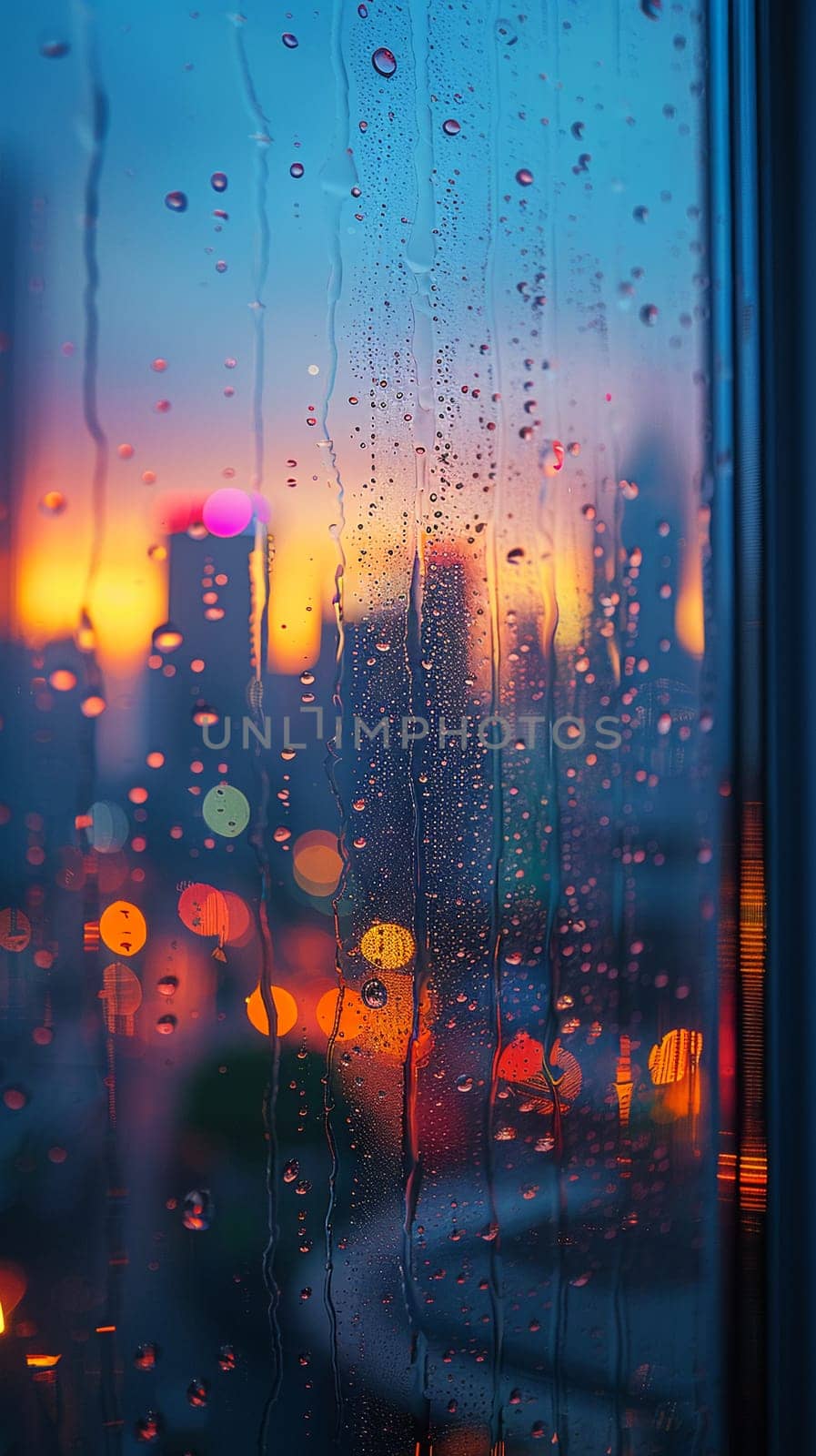 Raindrops on Window with Abstract Cityscape Reflection, The blurring effect of rain on glass merges with city contours, depicting weather's influence on urban life.