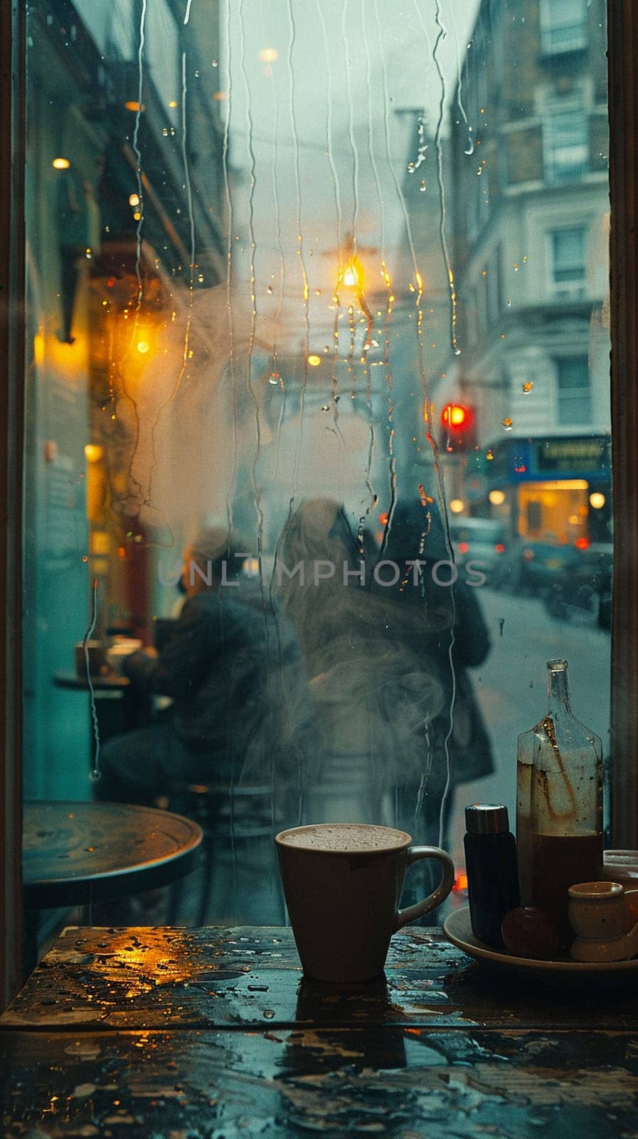 Cozy Coffee House Corner with Blurred Patrons and Steamy Mugs, The hazy warmth of the interior invites contemplation and community.