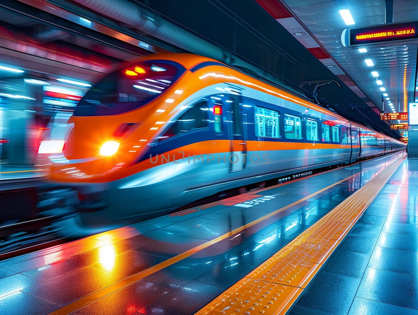 High-Speed Train Departing Station with a Blur of Movement, The streaks of the train convey the speed and connectivity of modern travel.