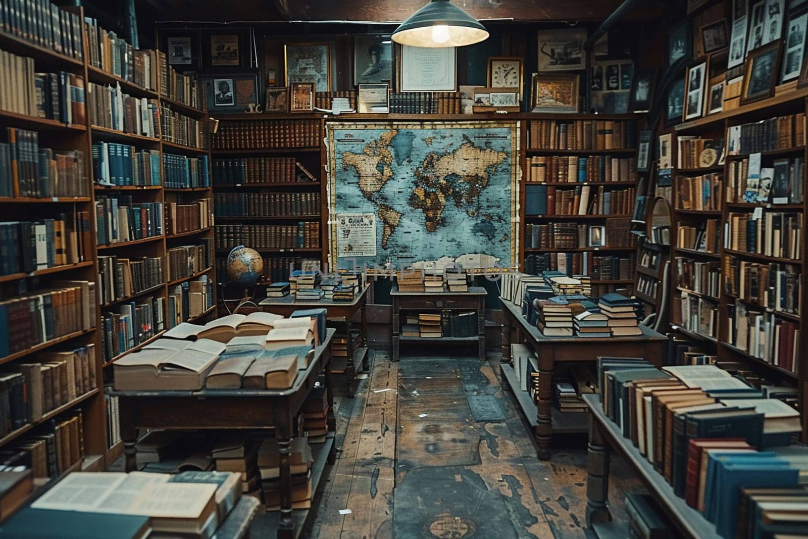 Vintage Bookstore with Antique Maps of the World Fading into Shelves by Benzoix
