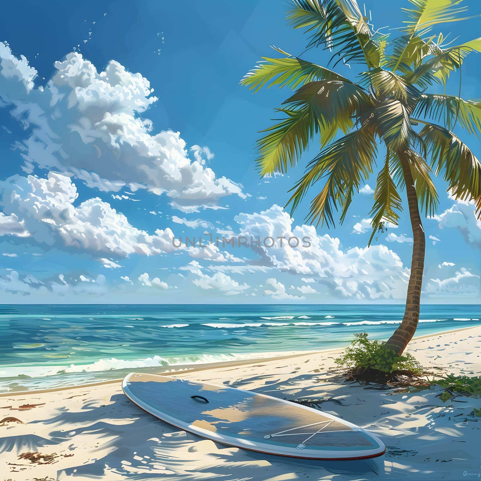 A surfboard rests on the sandy beach beneath a towering palm tree, with the azure sky and fluffy clouds reflecting in the calm waters of the ocean