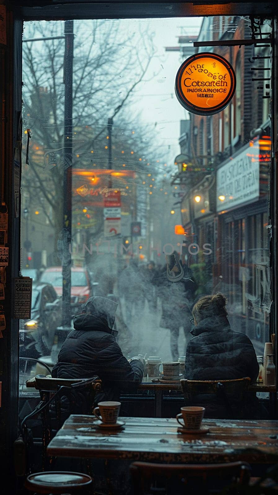 Cozy Coffee House Corner with Blurred Patrons and Steamy Mugs, The hazy warmth of the interior invites contemplation and community.