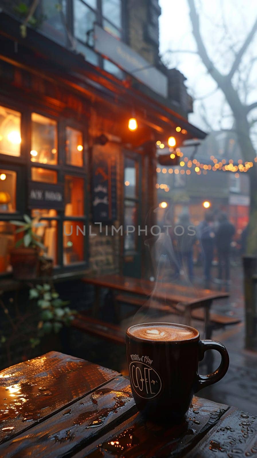 Cozy Coffee House Corner with Blurred Patrons and Steamy Mugs, The hazy warmth of the interior invites contemplation and community.