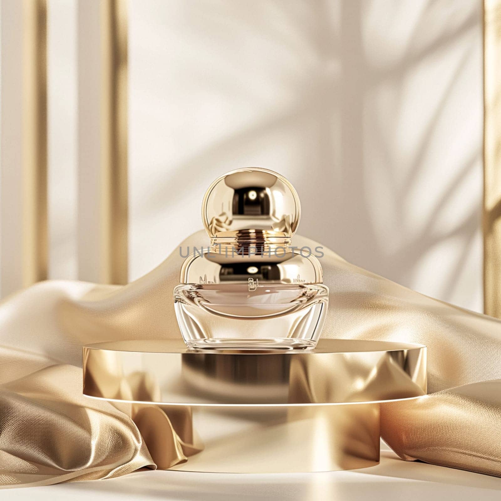 Face cream in a glass jar on a white and gold background. Skin care concept. Backdrop for beauty cosmetic products