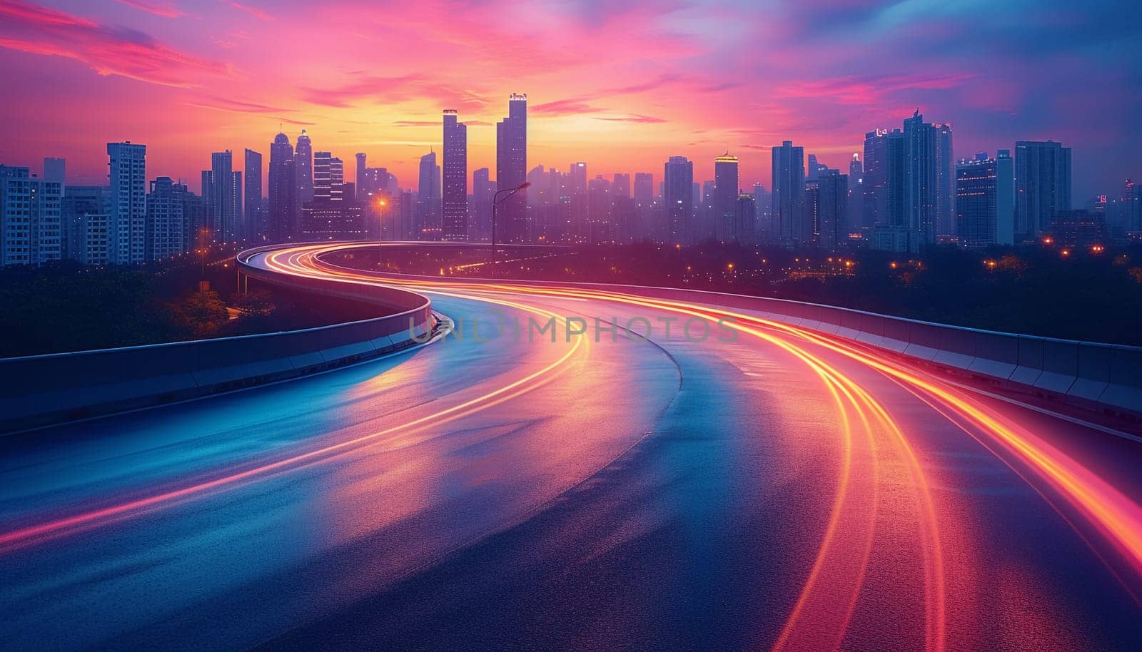 The perspective of the road against the background of sunset and the cityscape. High quality photo