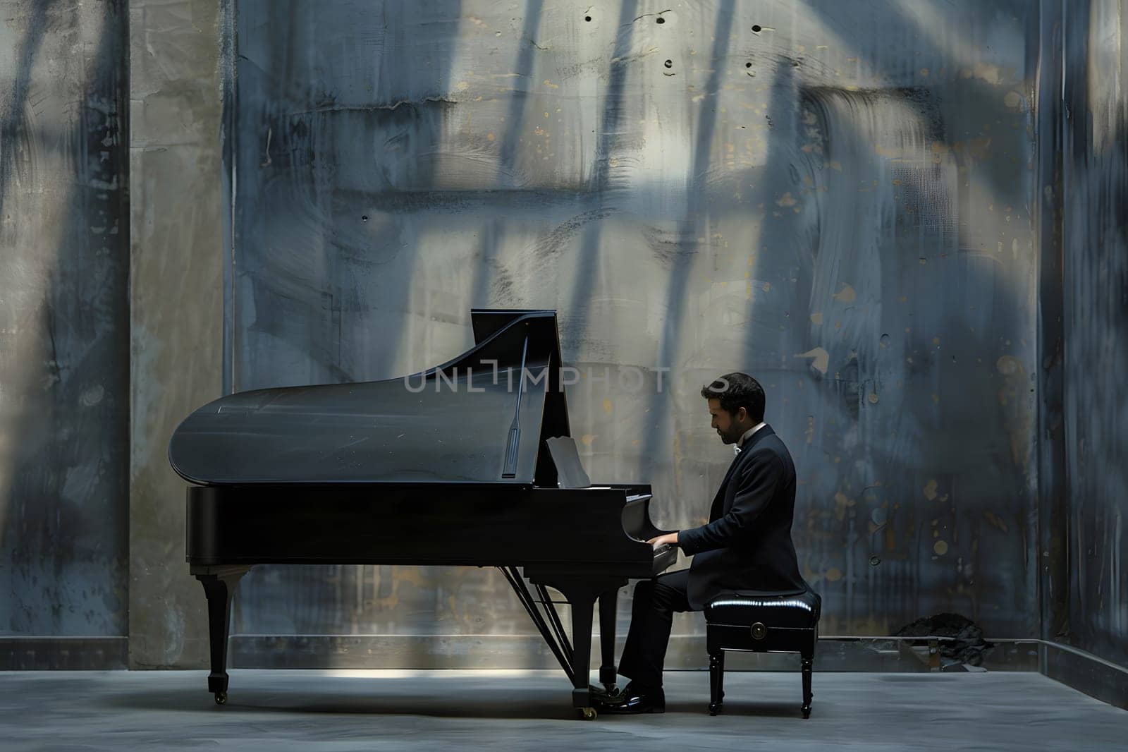 A pianist in a suit is performing on a piano in a dimly lit room, creating beautiful music for an intimate audience at a recital event
