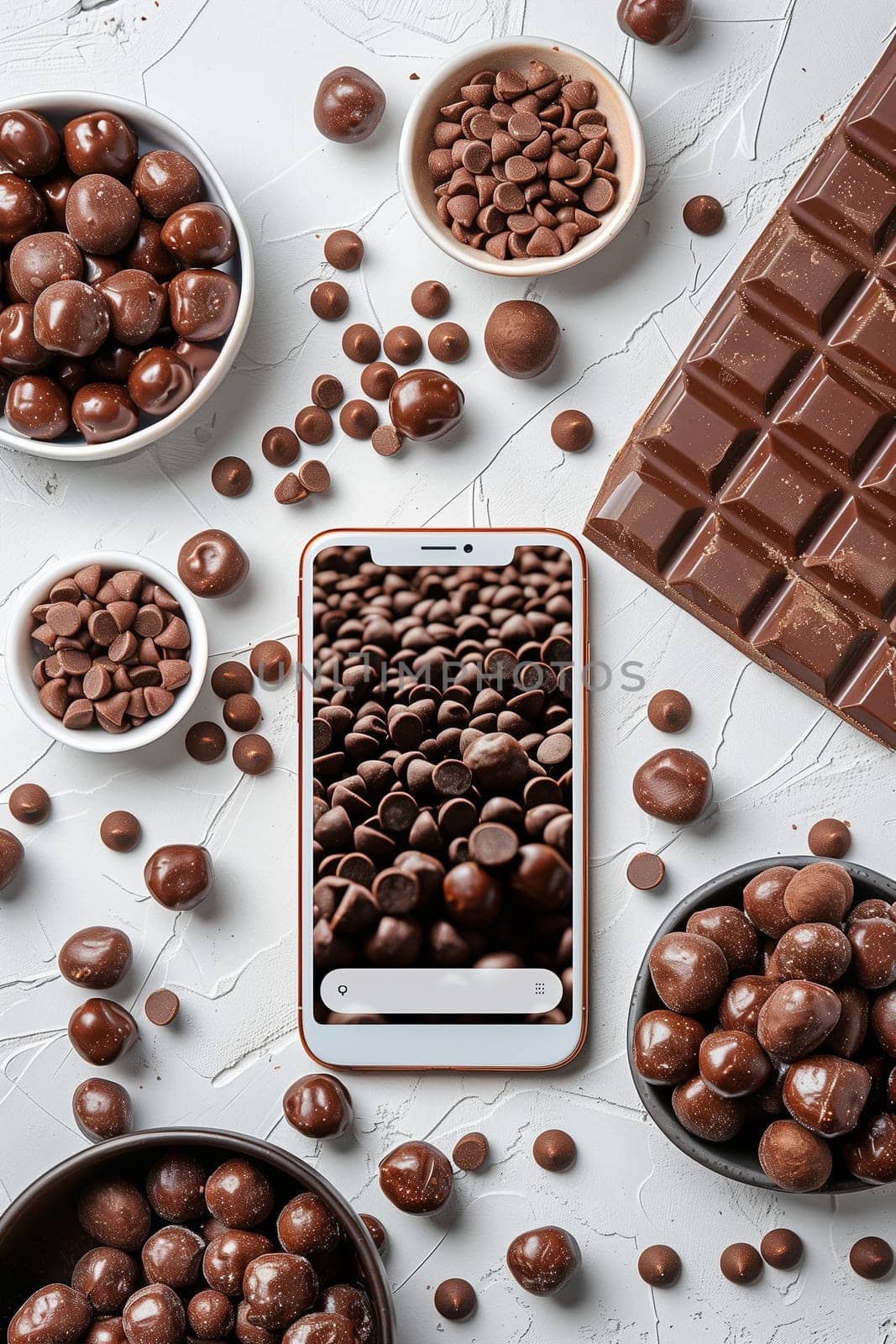 A modern cell phone is surrounded by small chocolate balls, creating a delicious and tempting arrangement.