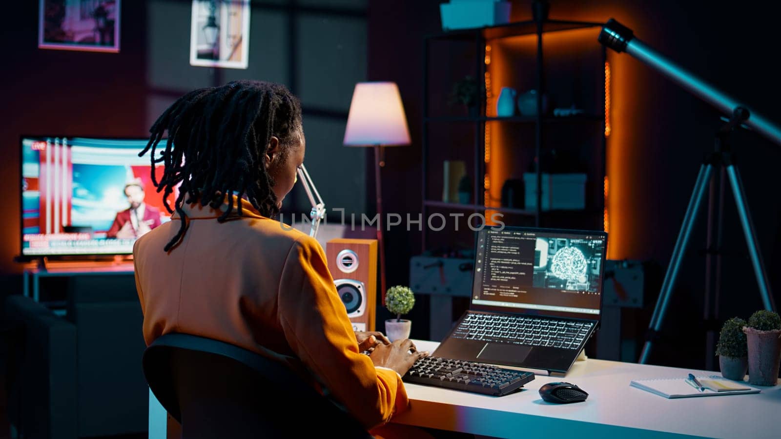 University pupil working with artificial intelligence system for machine learning, writing code in programming language. Girl uses deep learning algorithms and processing information. Camera B.