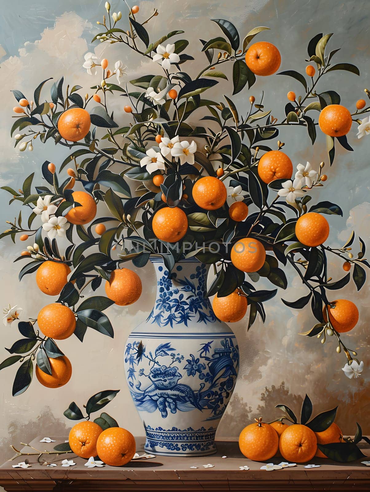 A beautiful blue and white vase filled with a mix of oranges and flowers, including Rangpur, Clementine, Valencia, and Bitter oranges. A colorful display of natural foods and plant decorations