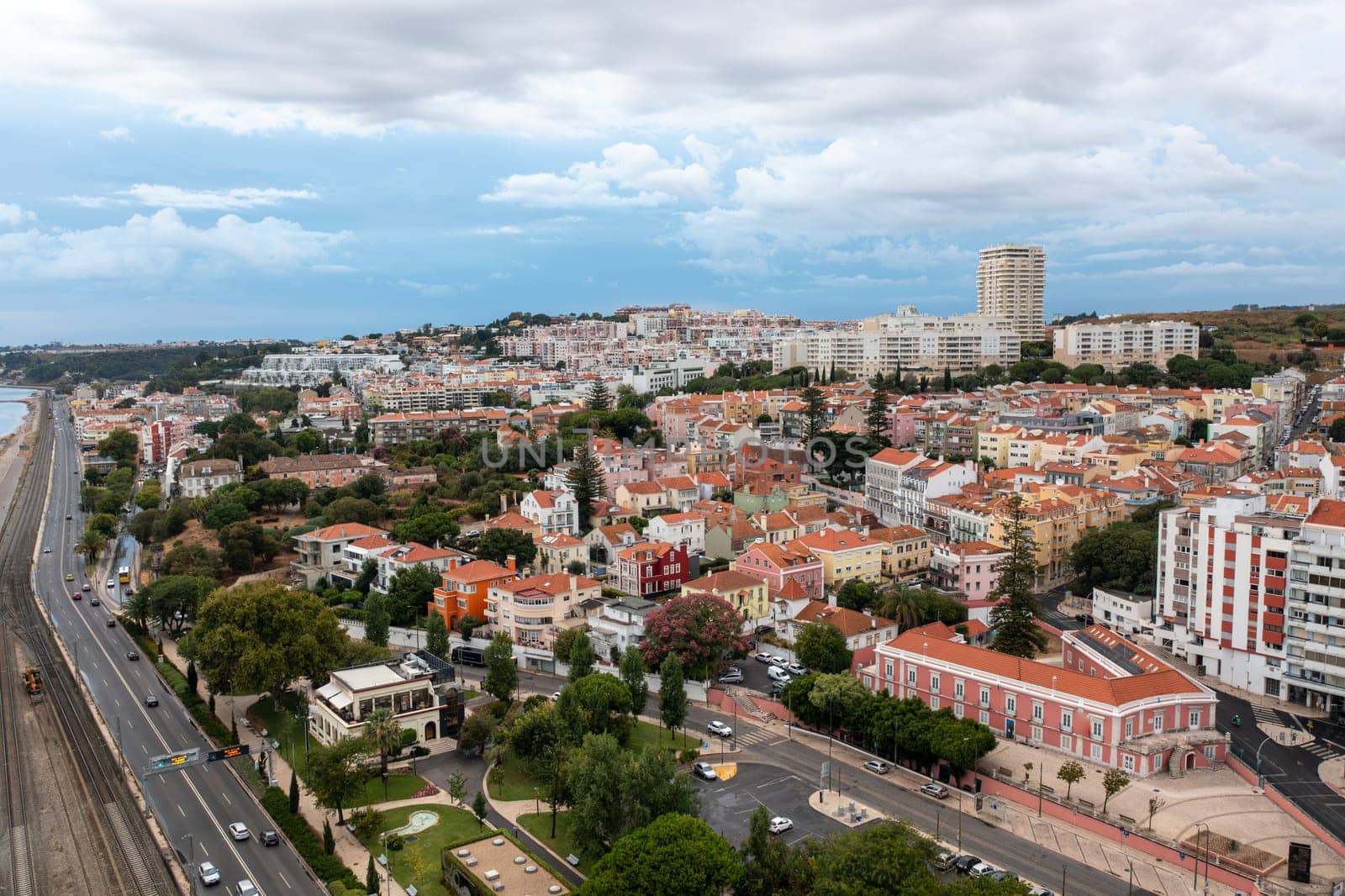 Traffic driving over highway in Lisbon aerial view by andreonegin