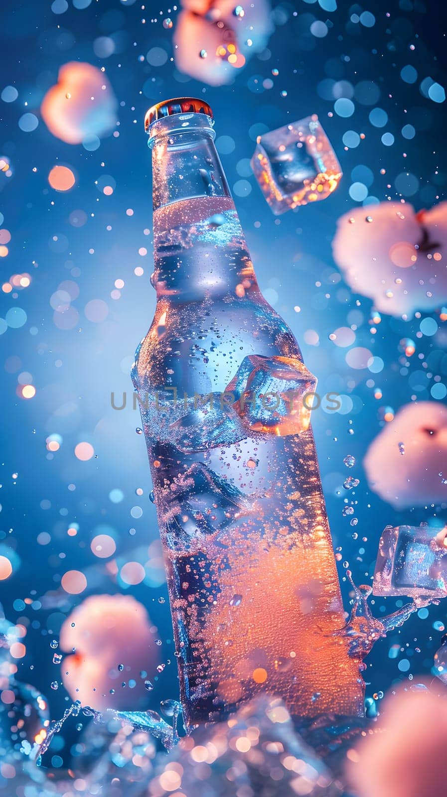 An azure bottle filled with liquid water is surrounded by ice cubes and delicate cotton flowers, creating a natural environment for a refreshing drink