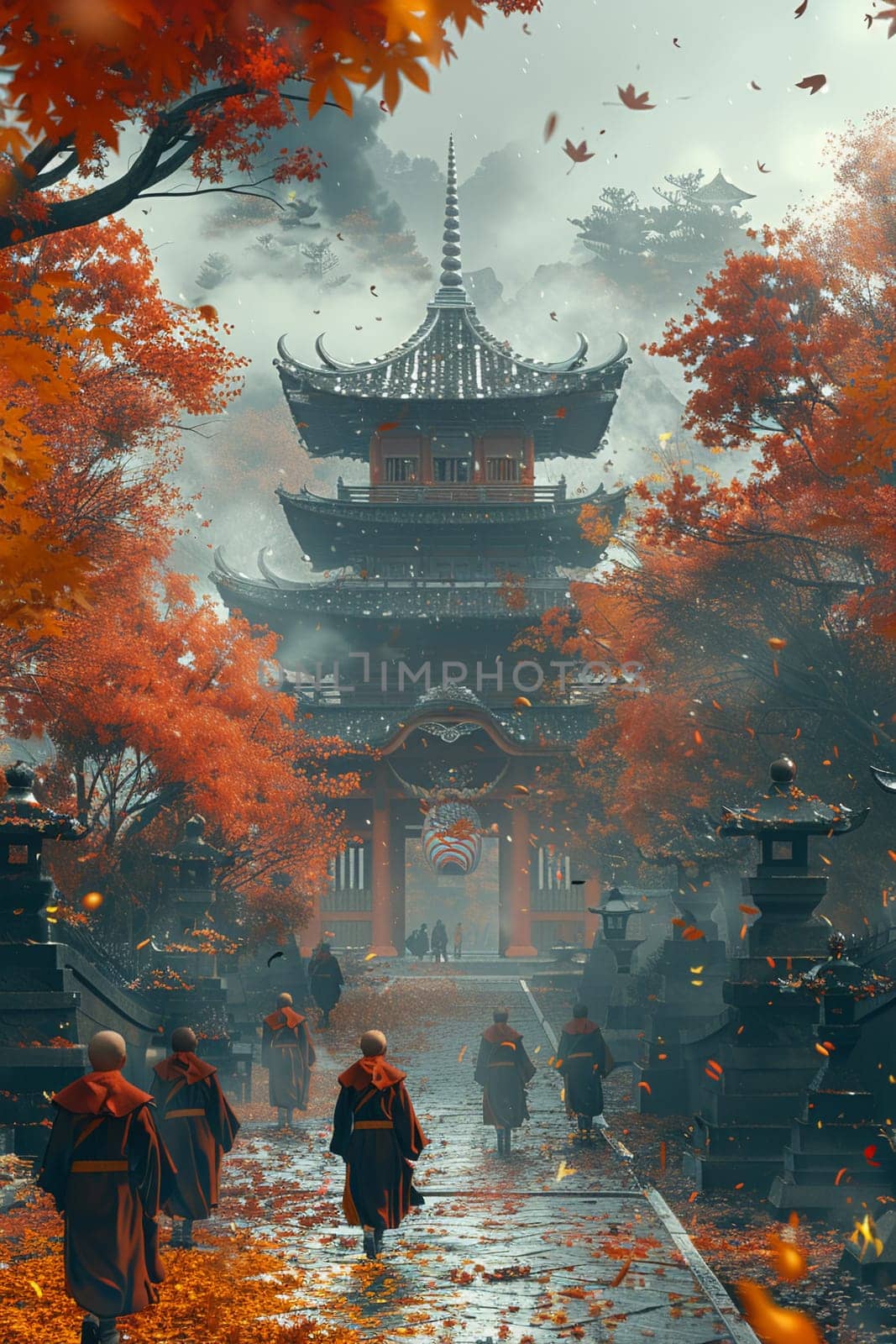 Digital art depicting a serene temple in autumn, with anime monks amidst falling leaves.