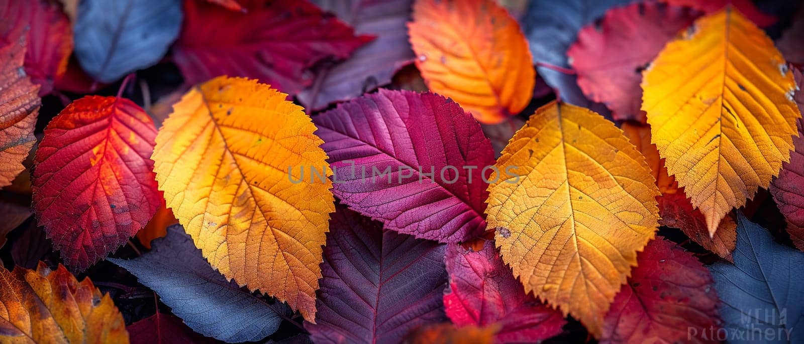 Close-up of colorful autumn leaves on a forest floor, showcasing the change of seasons