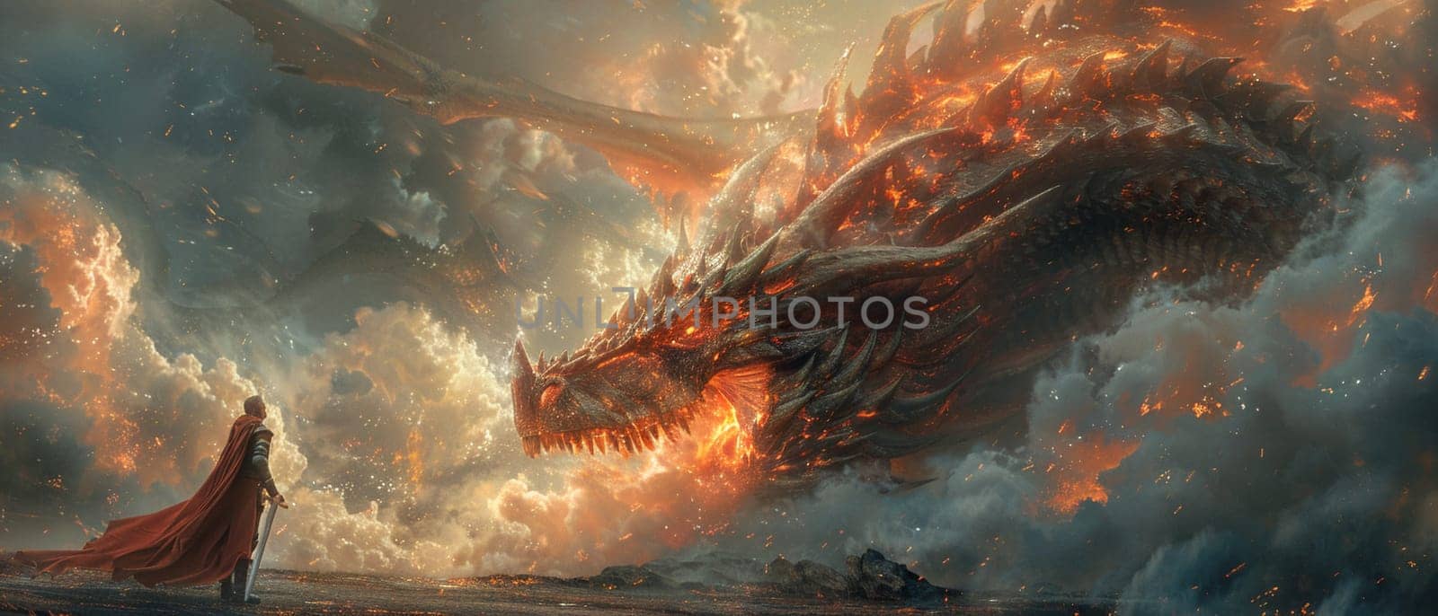 Dragon and knight facing off in a dramatic showdown, illustrated with intense colors and action.