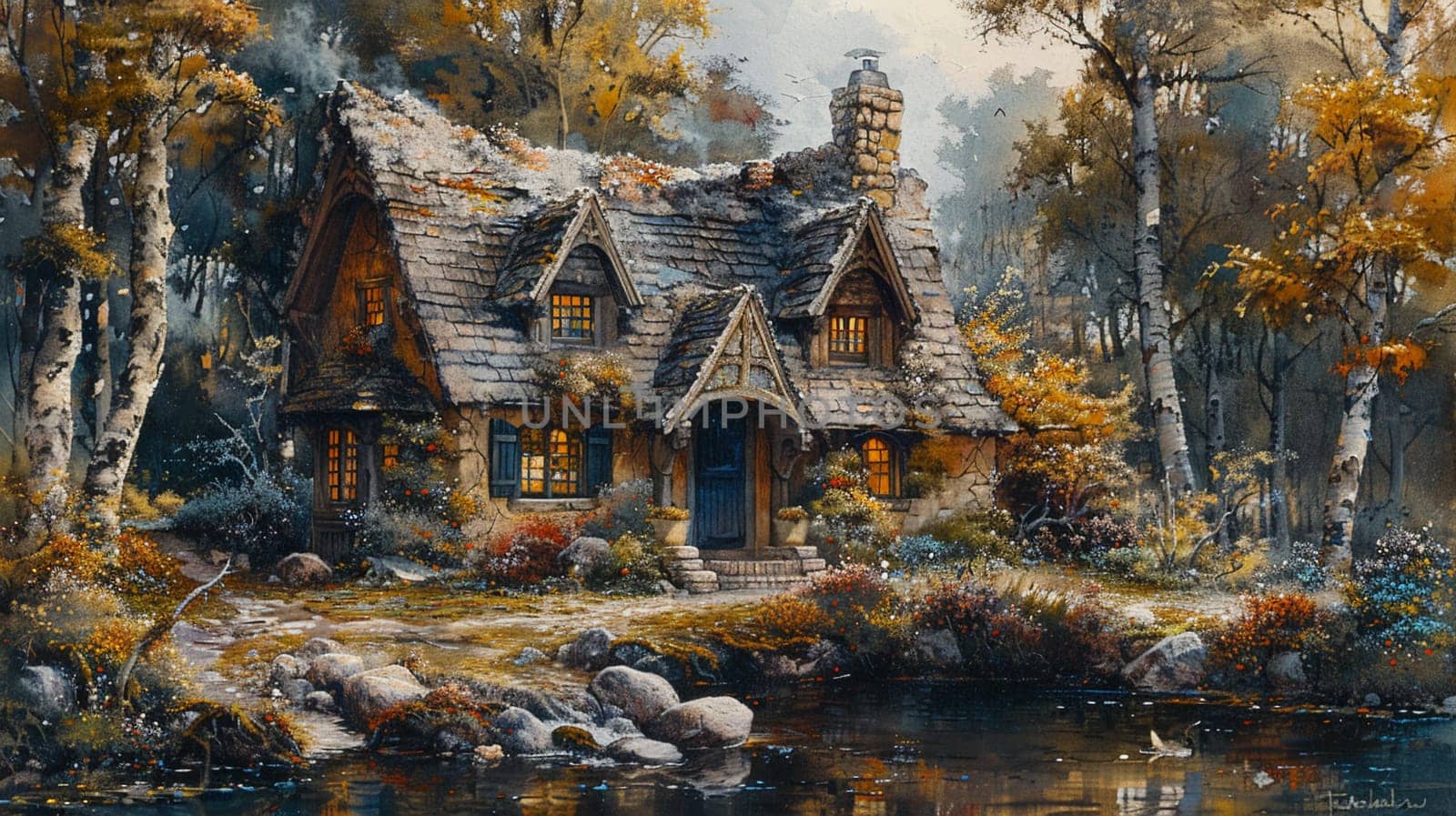 Drawing of a quaint cottage surrounded by enchanted woods by Benzoix