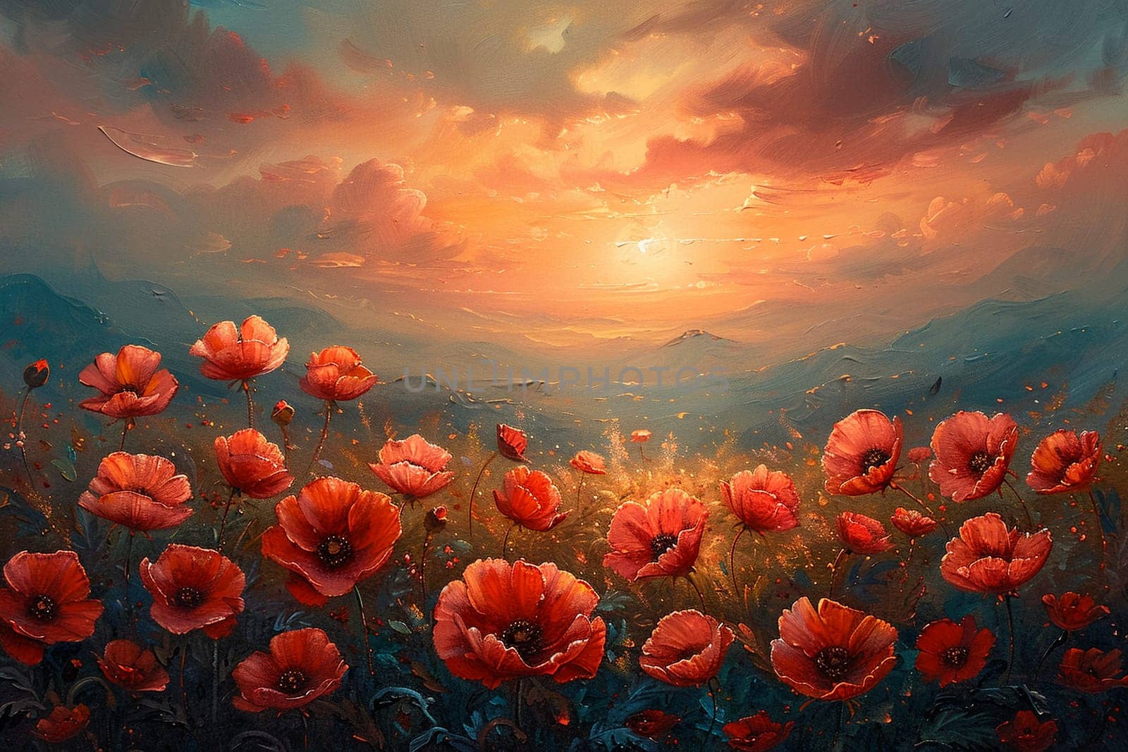 Flower garden at sunrise beautiful royalty-free painting in oils by Benzoix