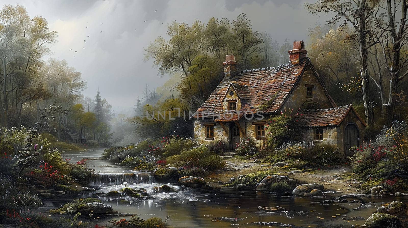 Drawing of a quaint cottage surrounded by enchanted woods, in a peaceful acrylic landscape.
