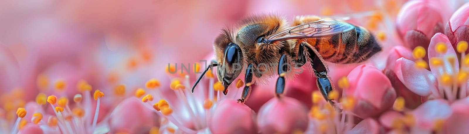 Close-up of a bee on a blooming flower, showcasing pollination and the beauty of spring