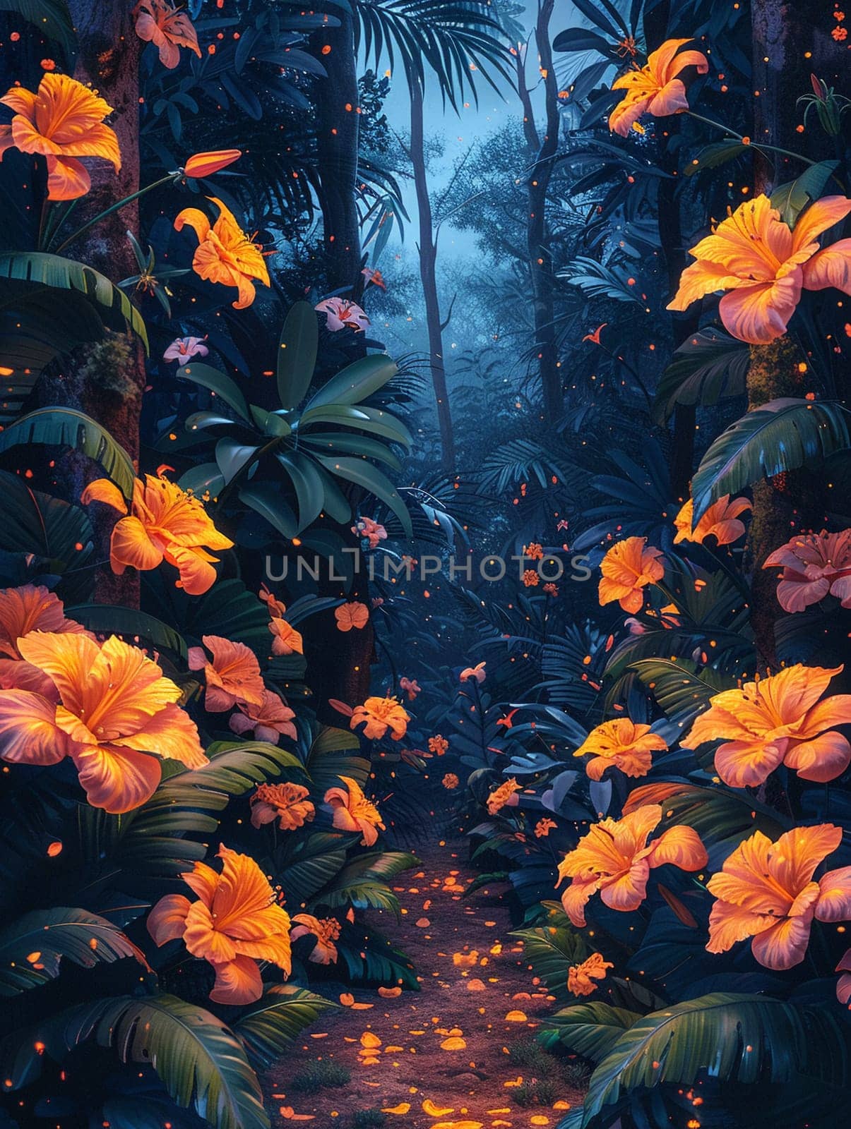 Flower garden at night, illuminated by bioluminescent plants in a magical illustration.