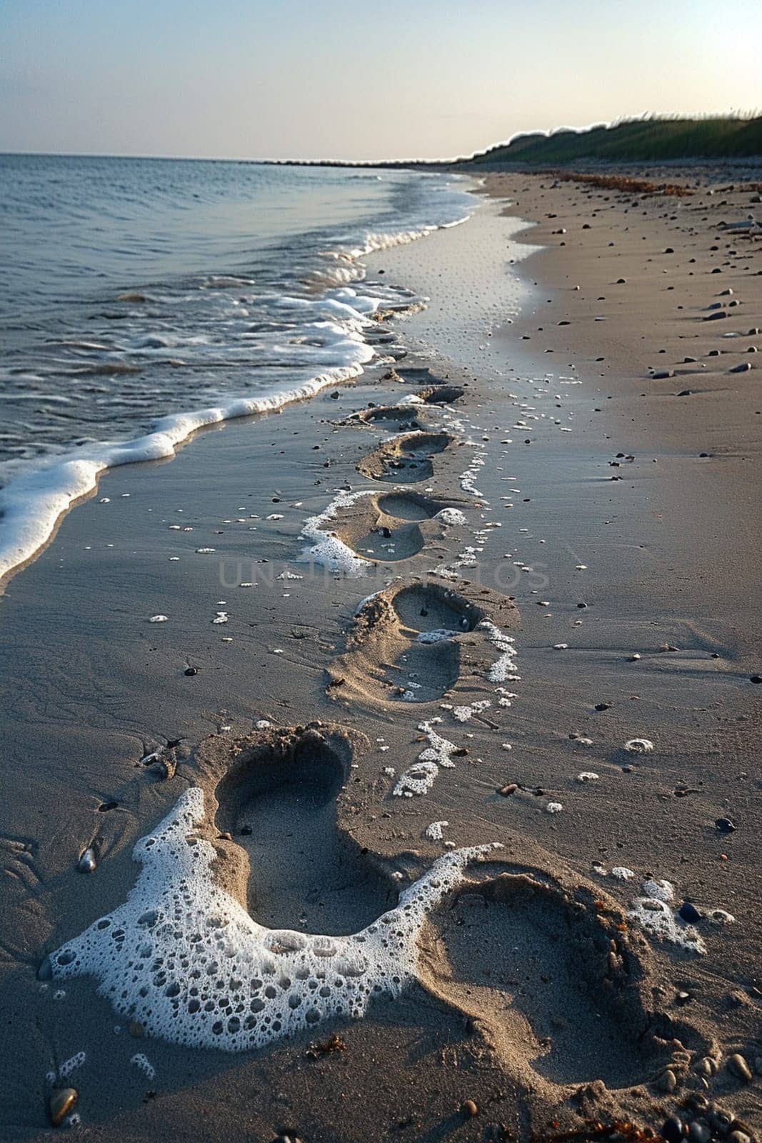 Footsteps in the sand at a peaceful beach, evoking a sense of solitude and reflection