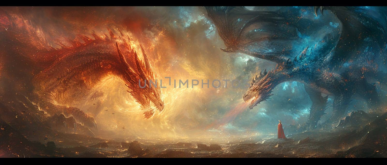 Dragon and knight facing off in a dramatic showdown, illustrated with intense colors and action.