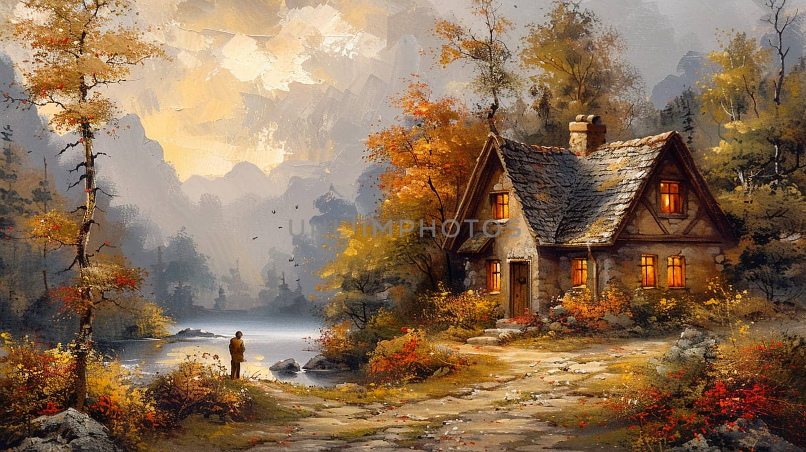Drawing of a quaint cottage surrounded by enchanted woods, in a peaceful acrylic landscape.