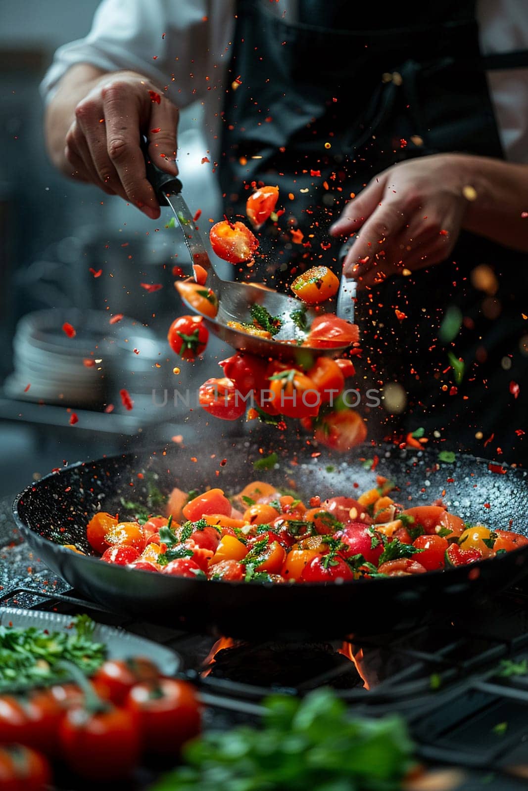 Chef tossing vegetables in a pan by Benzoix