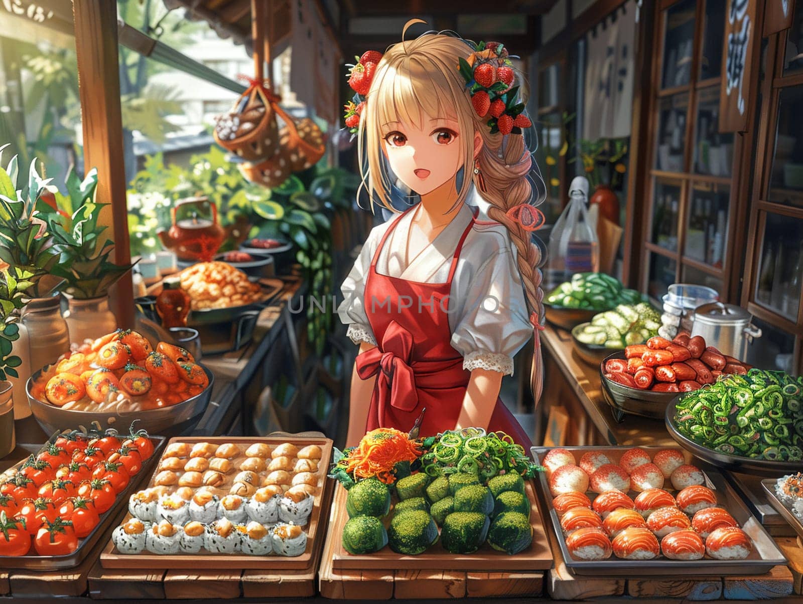 Food festival in anime style, showcasing a feast of illustrated delights and treats.