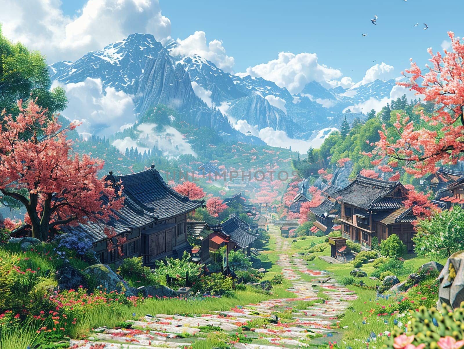 Digitally created image of a peaceful village, blending anime charm with realistic textures.