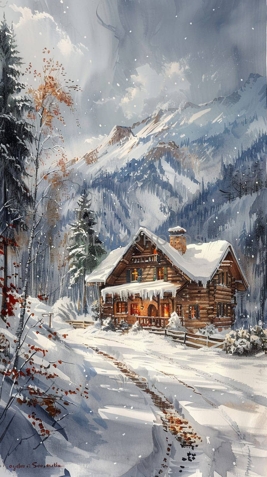 Illustration of a cozy winter cabin in acrylics by Benzoix
