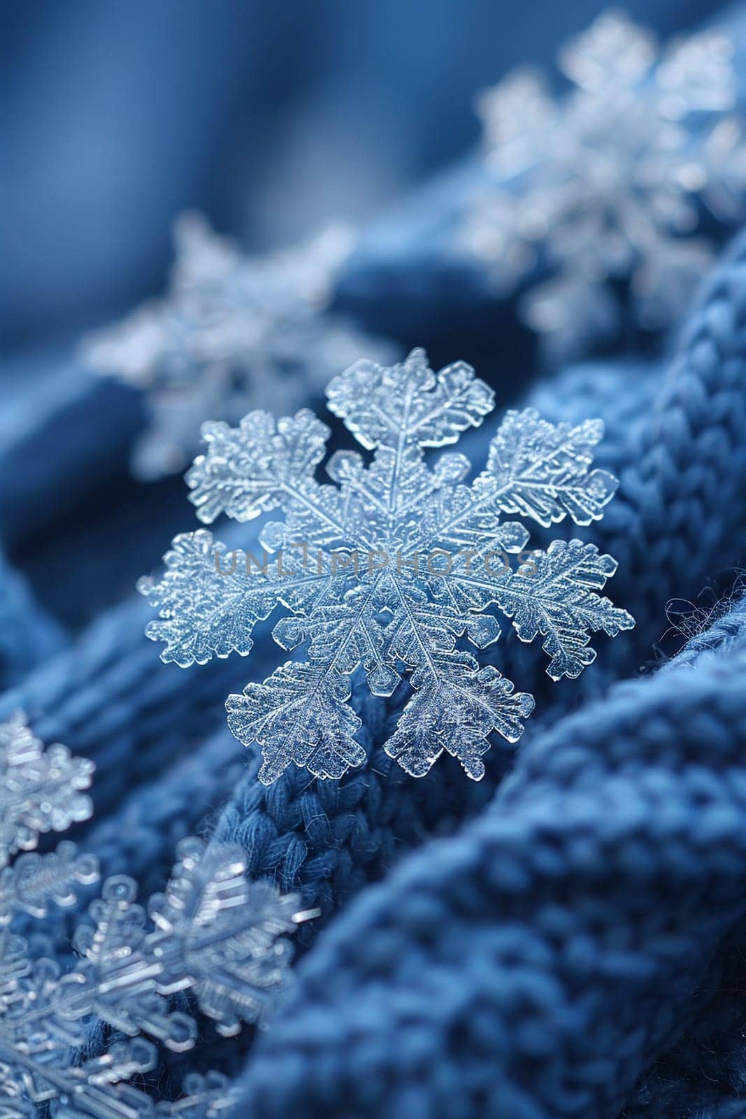 Macro shot of snowflakes on fabric, capturing the unique beauty of winter