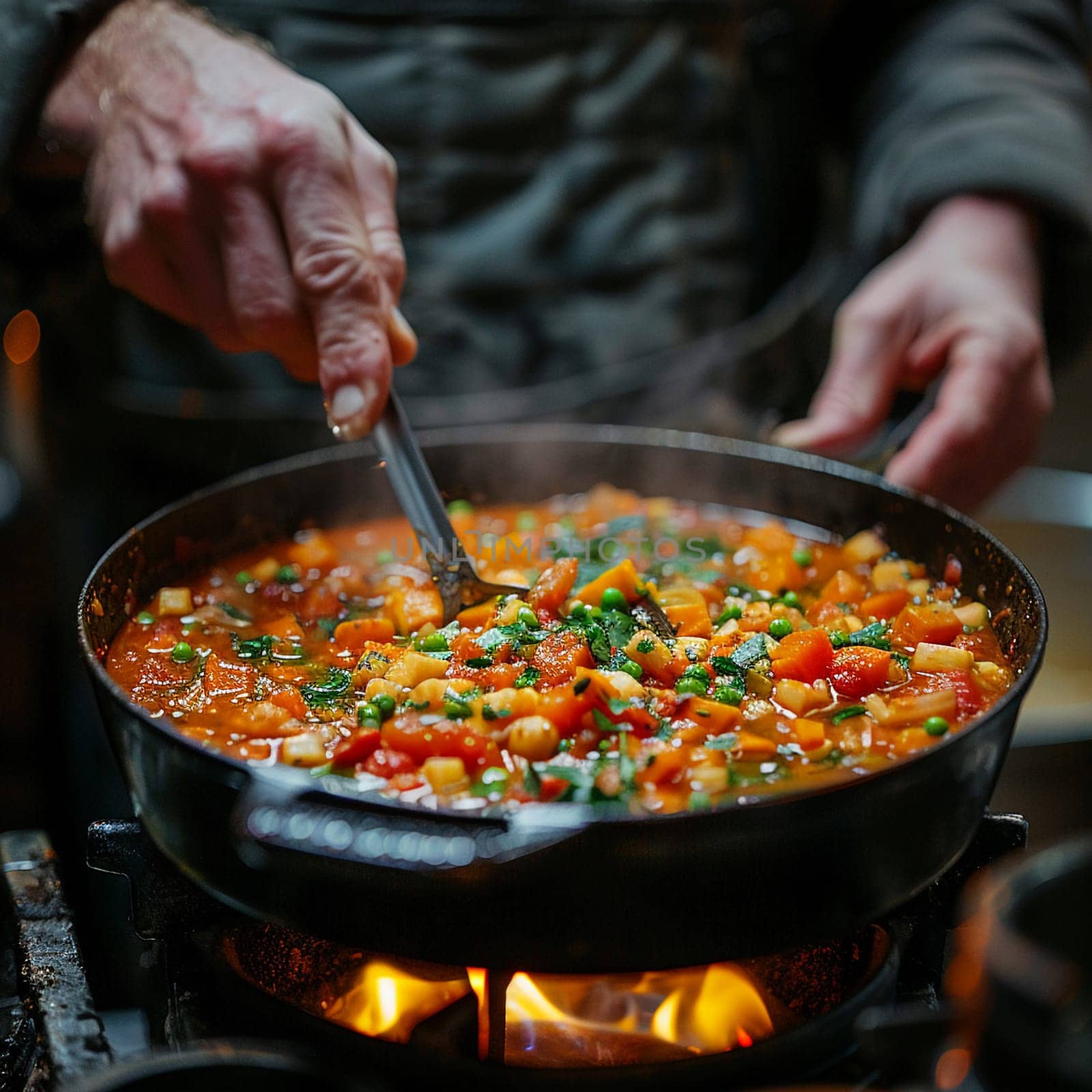 Hand stirring a pot of soup by Benzoix