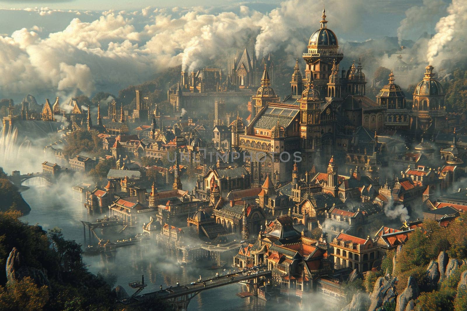 Map of a steampunk city, intricately designed with gears and steam in a digital artwork.