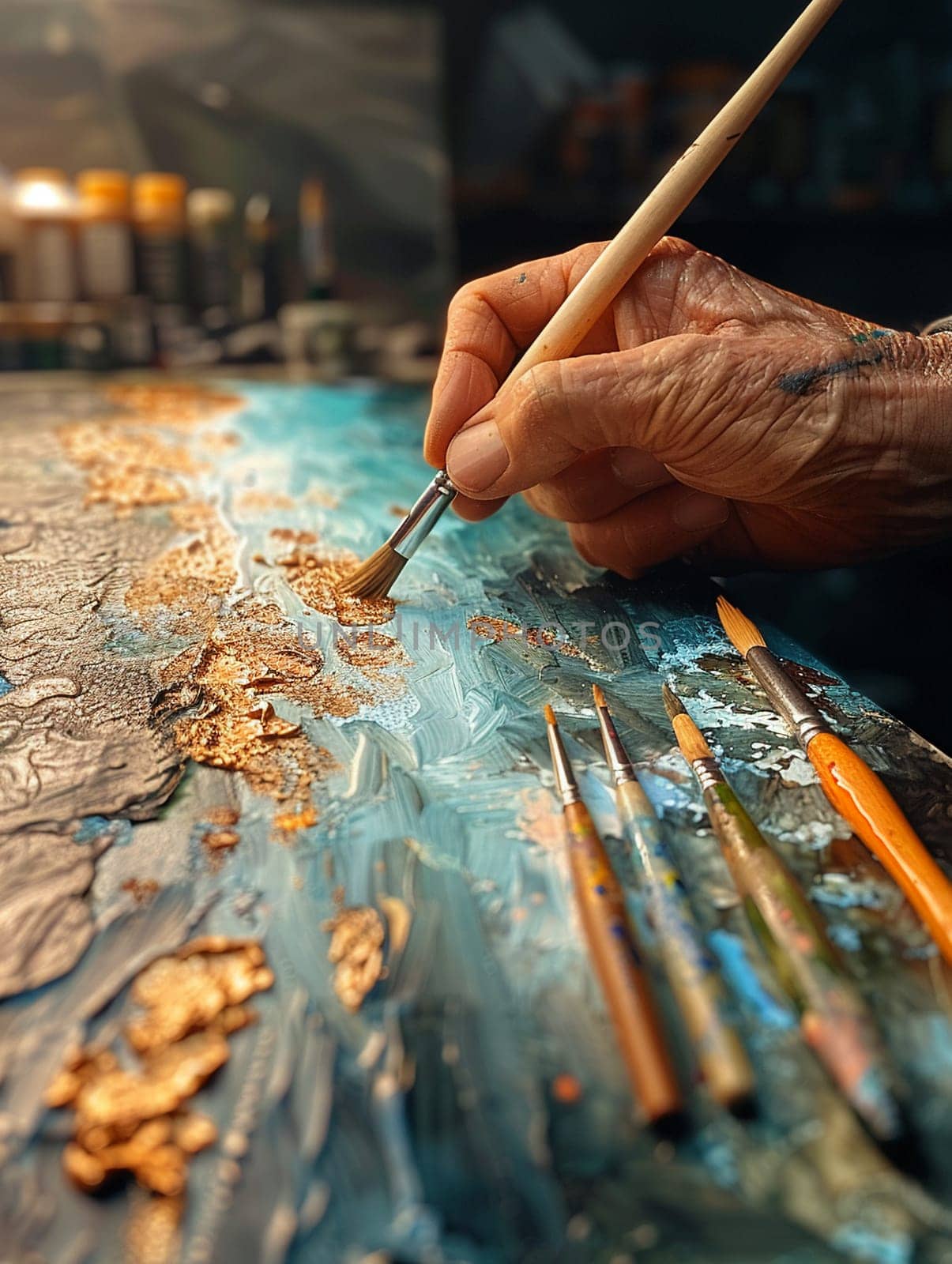 Close-up of hand applying watercolor to paper by Benzoix