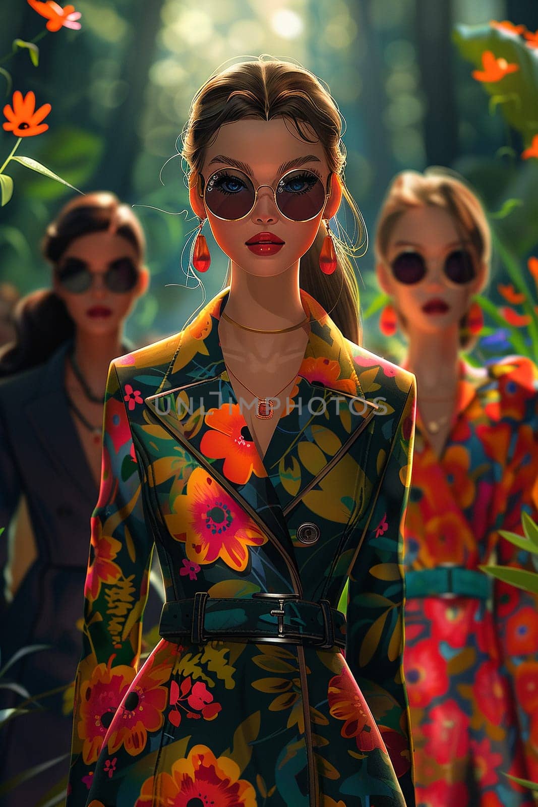 Fashion runway event cartoon, adding brightness with stylish characters and colorful designs.