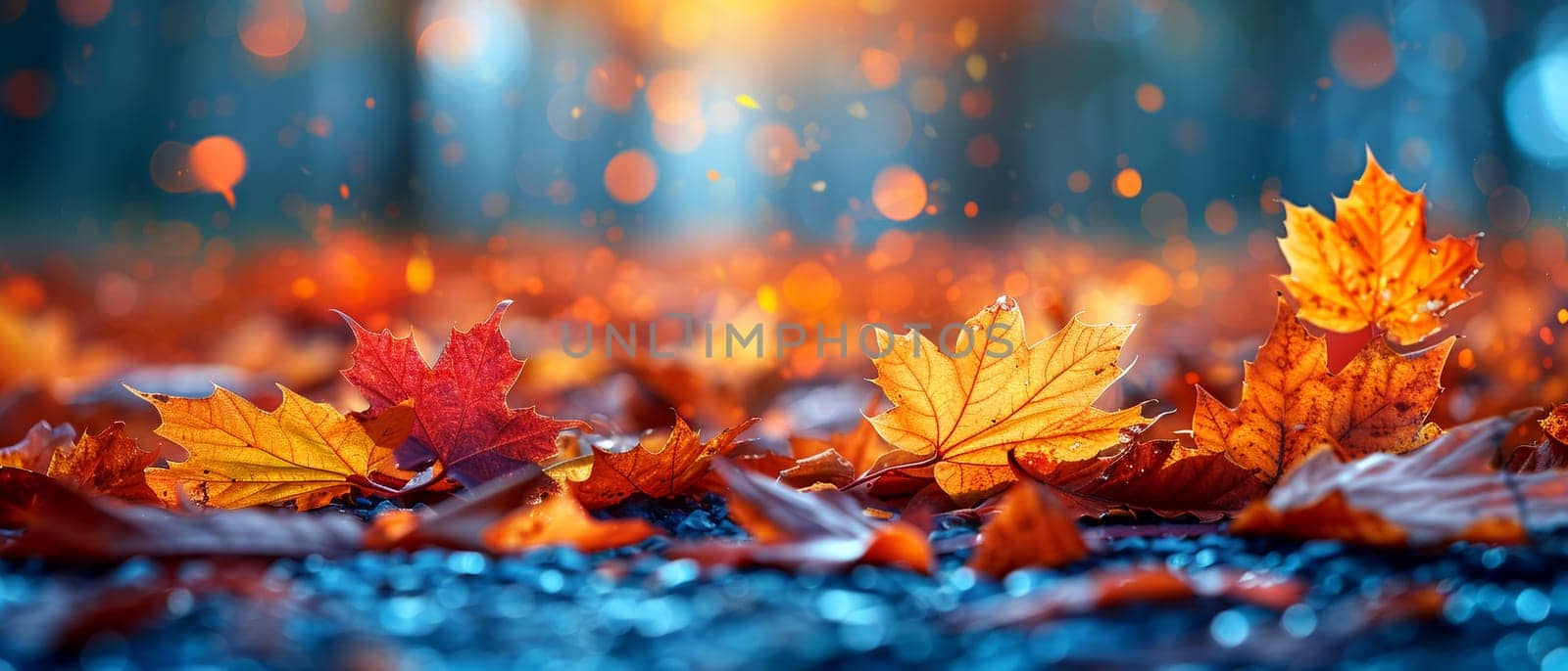 Close-up of colorful autumn leaves on a forest floor by Benzoix