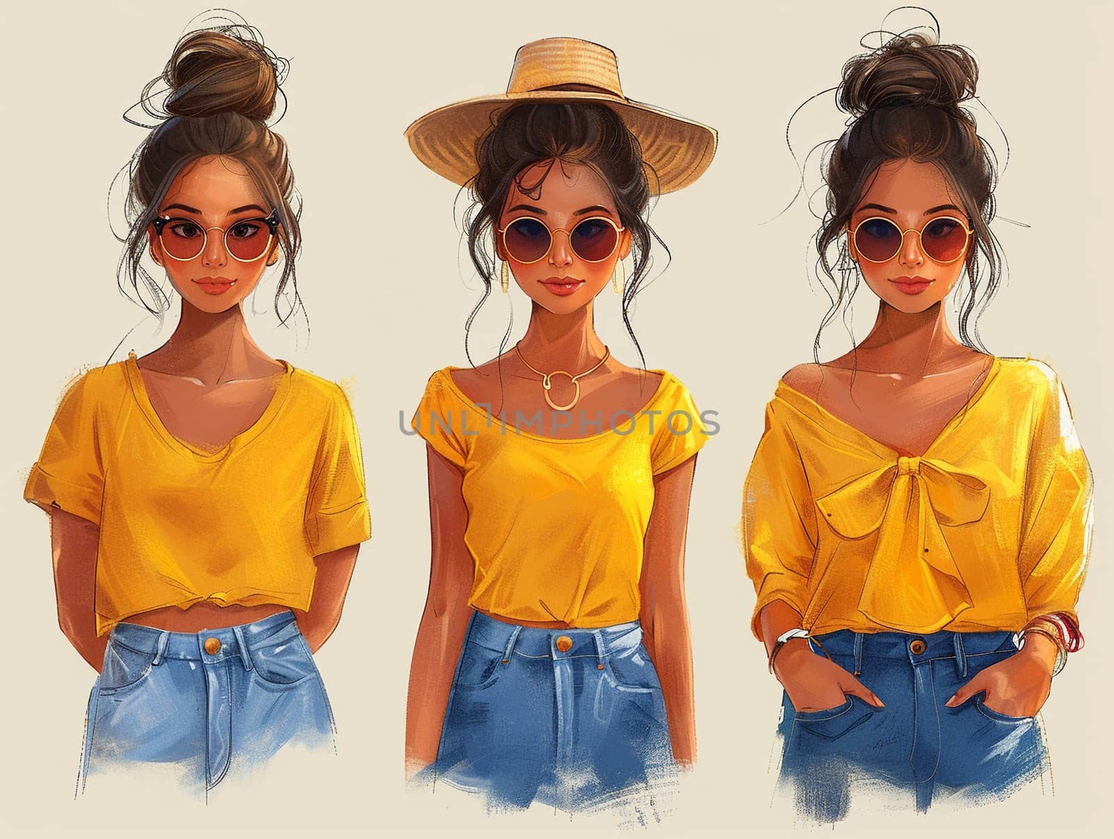 Fashion blogger cartoon character, adding brightness with trendy outfits and a chic lifestyle.